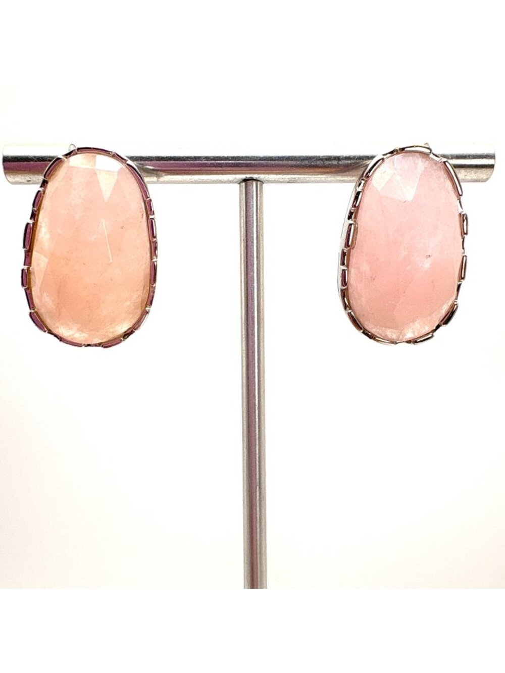 Rose Quartz Bezel Set Stud Earrings Sterling Silver 925 Size 1" Length